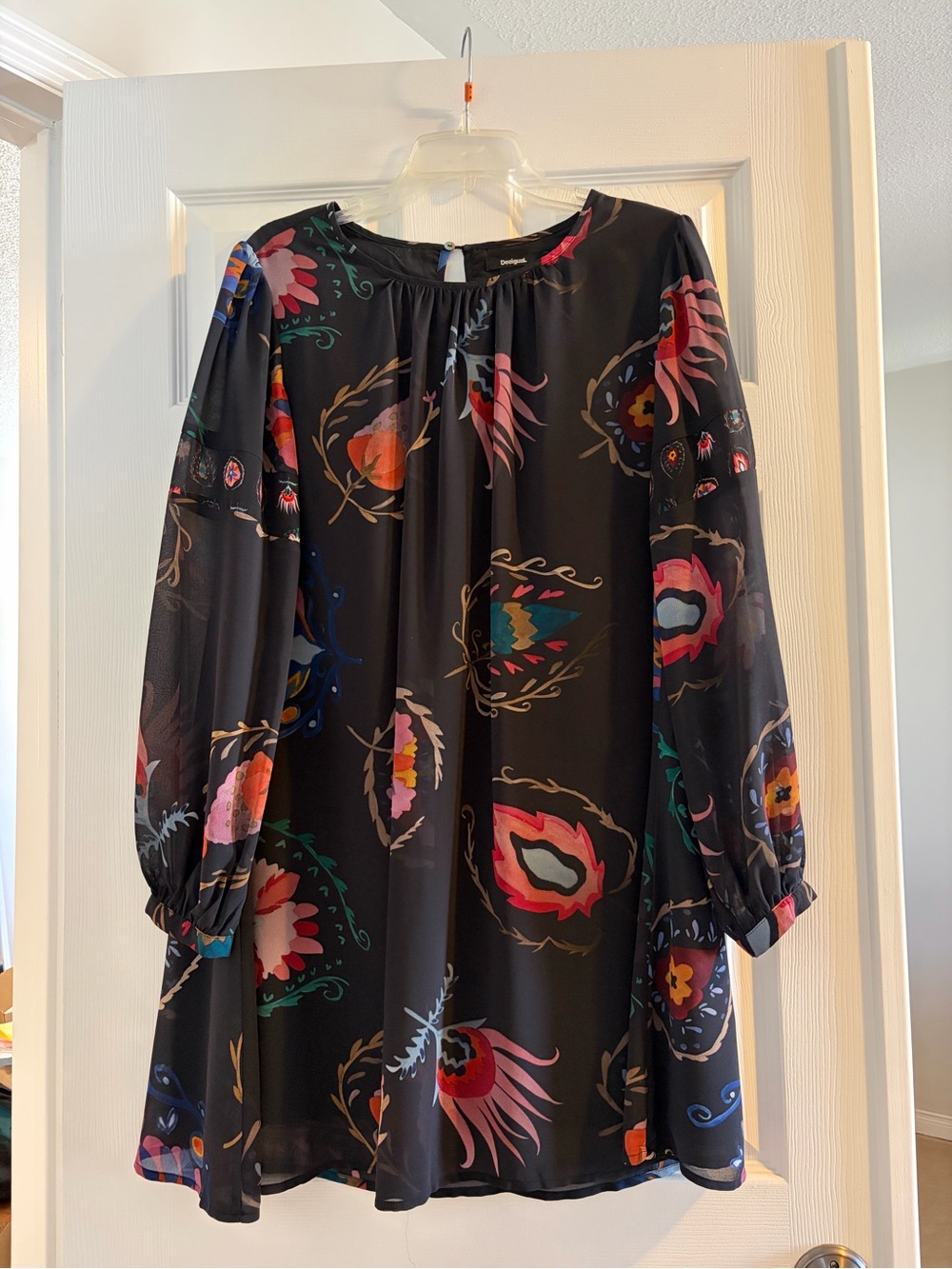 Desigual Black Floral Asymmetrical Tunic Dress with Pink, Orange & Blue Accents